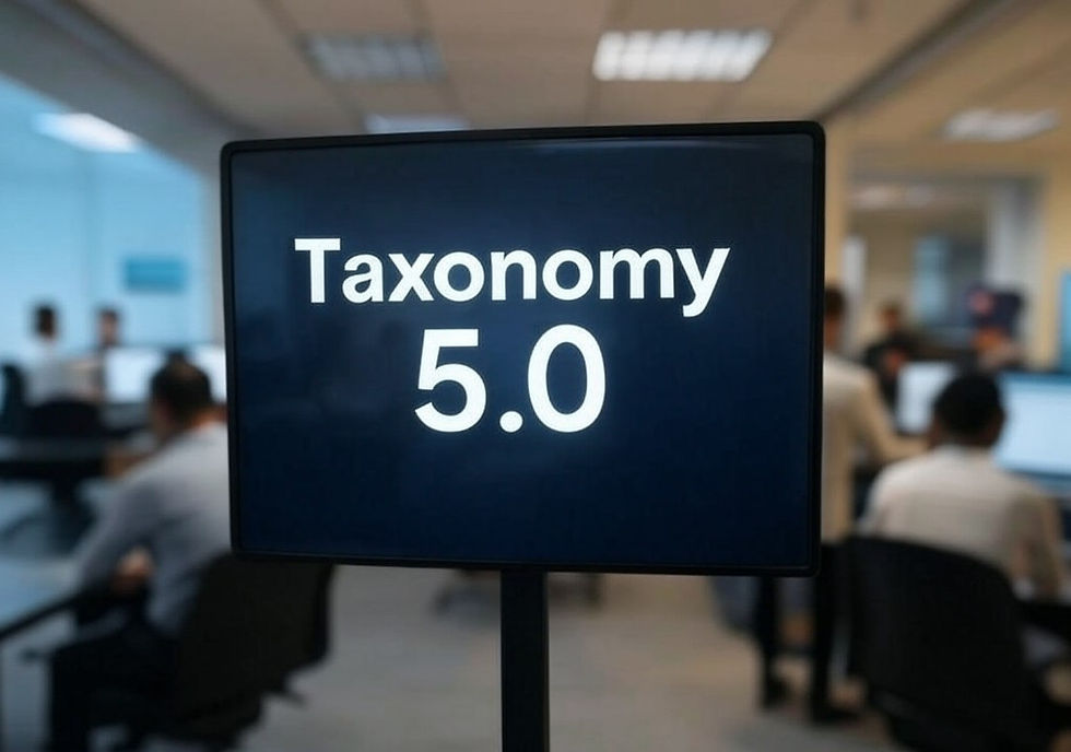 A screen displays "Taxonomy 5.0" in a busy office with blurred workers at computers. Bright, professional setting.