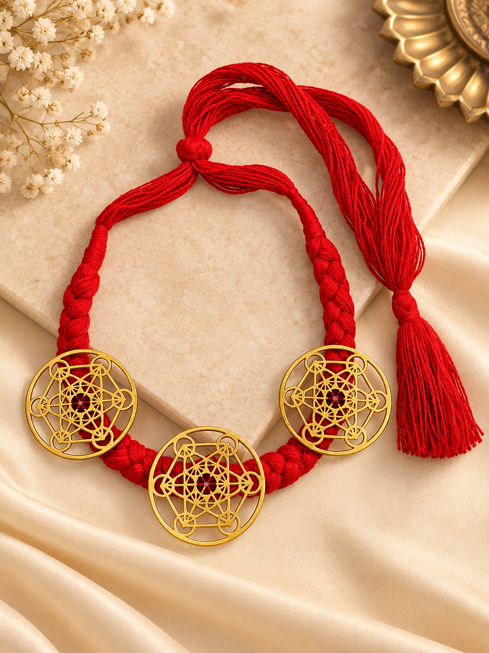 Red braided thread mandala necklace with three gold-tone geometric pendants and a long tassel arranged on cream satin fabric.