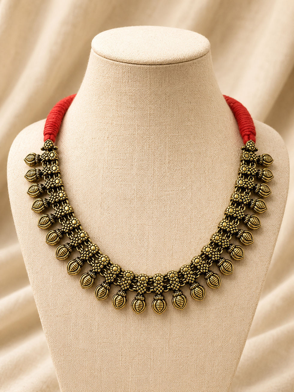 Thumbnail: Athizay Oxidised Golden Tribal Necklace with Red Adjustable Thread for Women