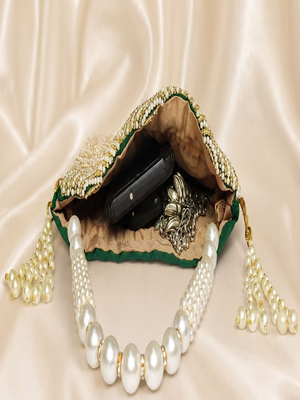 Thumbnail: Athizay  Deep Green Ethnic Pearl Embroidered Potli Handbag