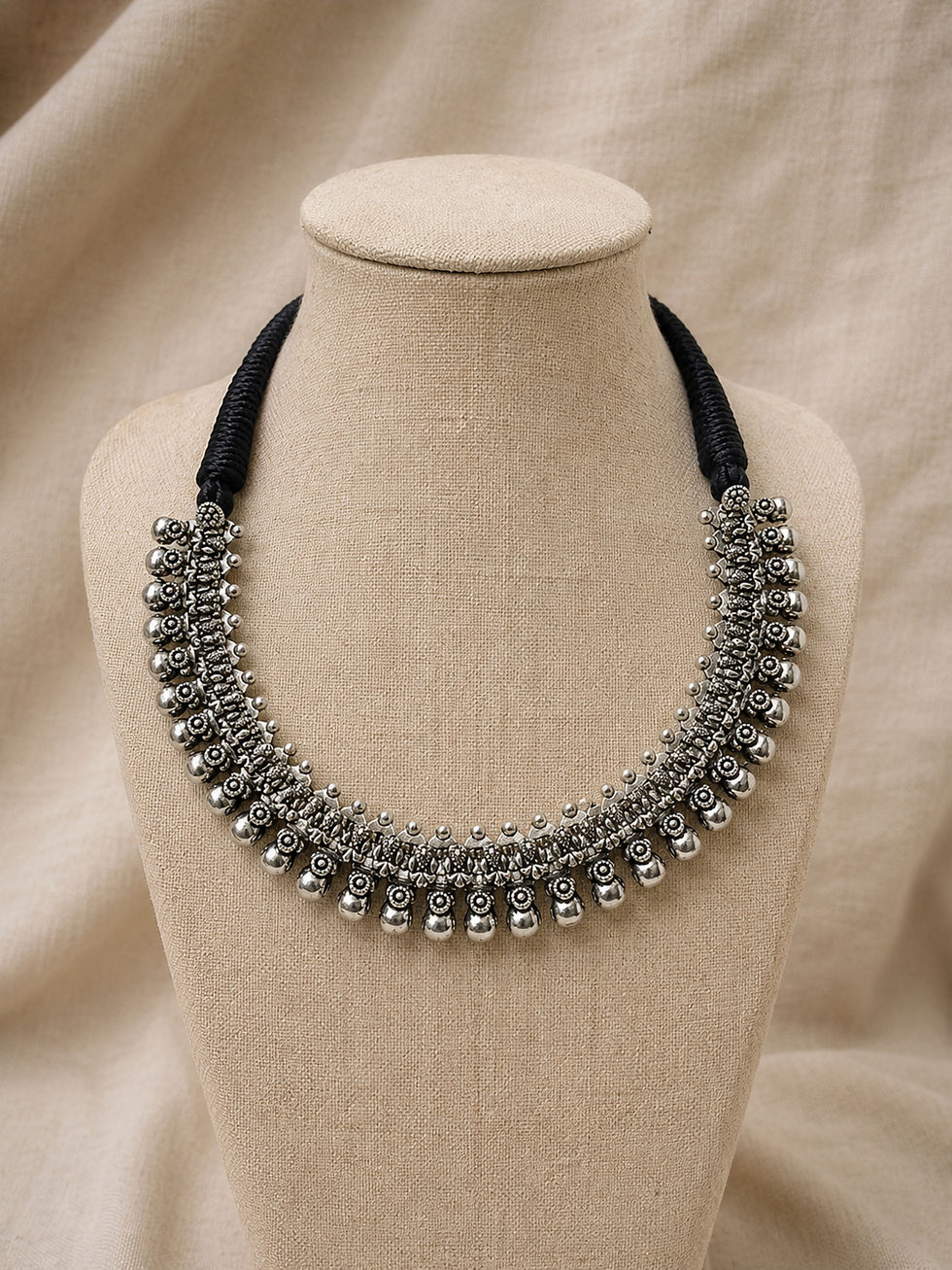Thumbnail: Athizay Black Thread Oxidised Silver Tribal Necklace