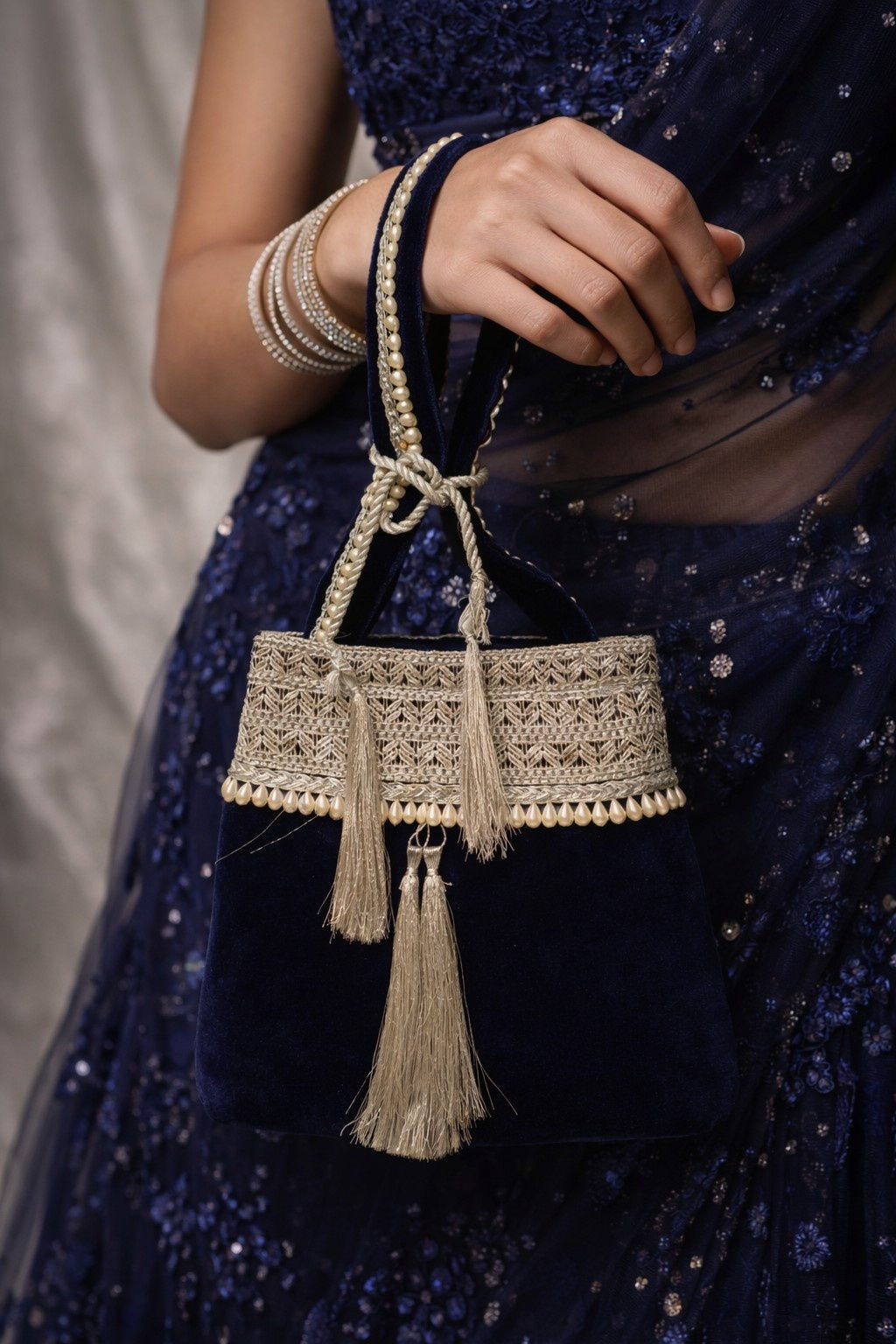 Athizay Kosh Bridal Potli Bag Blue Velvet with Pearl & Tassels, Call: 8860010199
