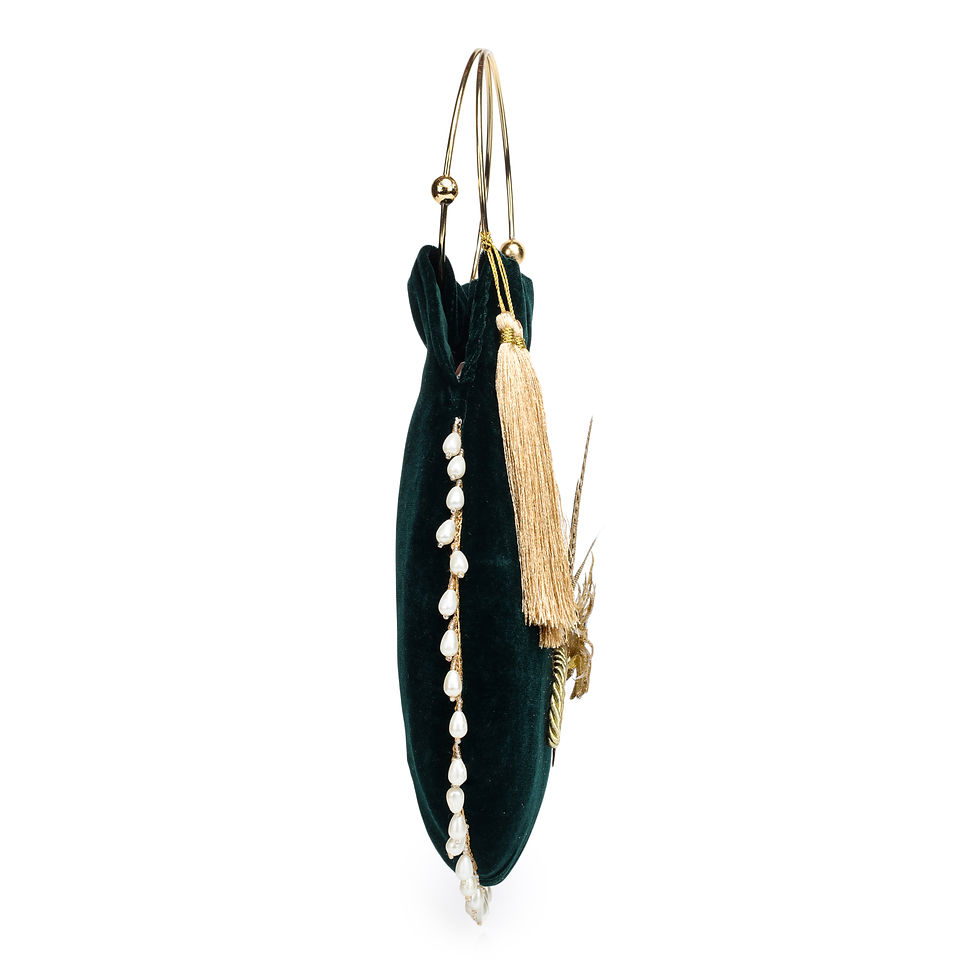 Thumbnail: Women Dark Green Designer Potli Bag with Gold Floral Embellishment & Ring Handle