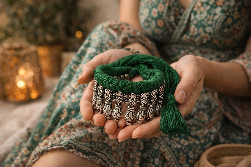 Thumbnail: Athizay Green Thread Choker Necklace Oxidised Silver Plated Boho Call:8860010199