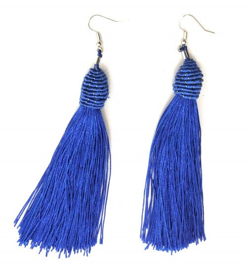 Blue Thread Tassel earring dangle with Silver Clasp intertwined