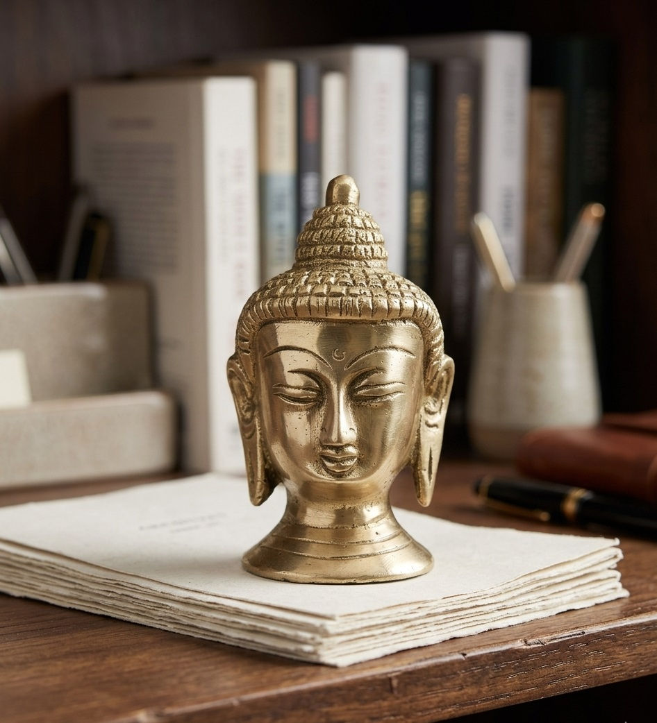 Thumbnail: athizay Gold Brass Buddha Head Idol Spiritual Decor Paperweight 6 cm
