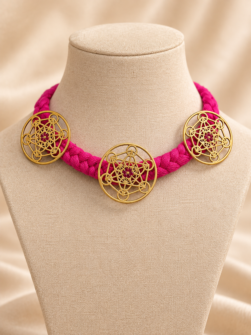 1. Pink braided thread mandala necklace displayed on a beige mannequin bust with three intricate gold-tone geometric pendants