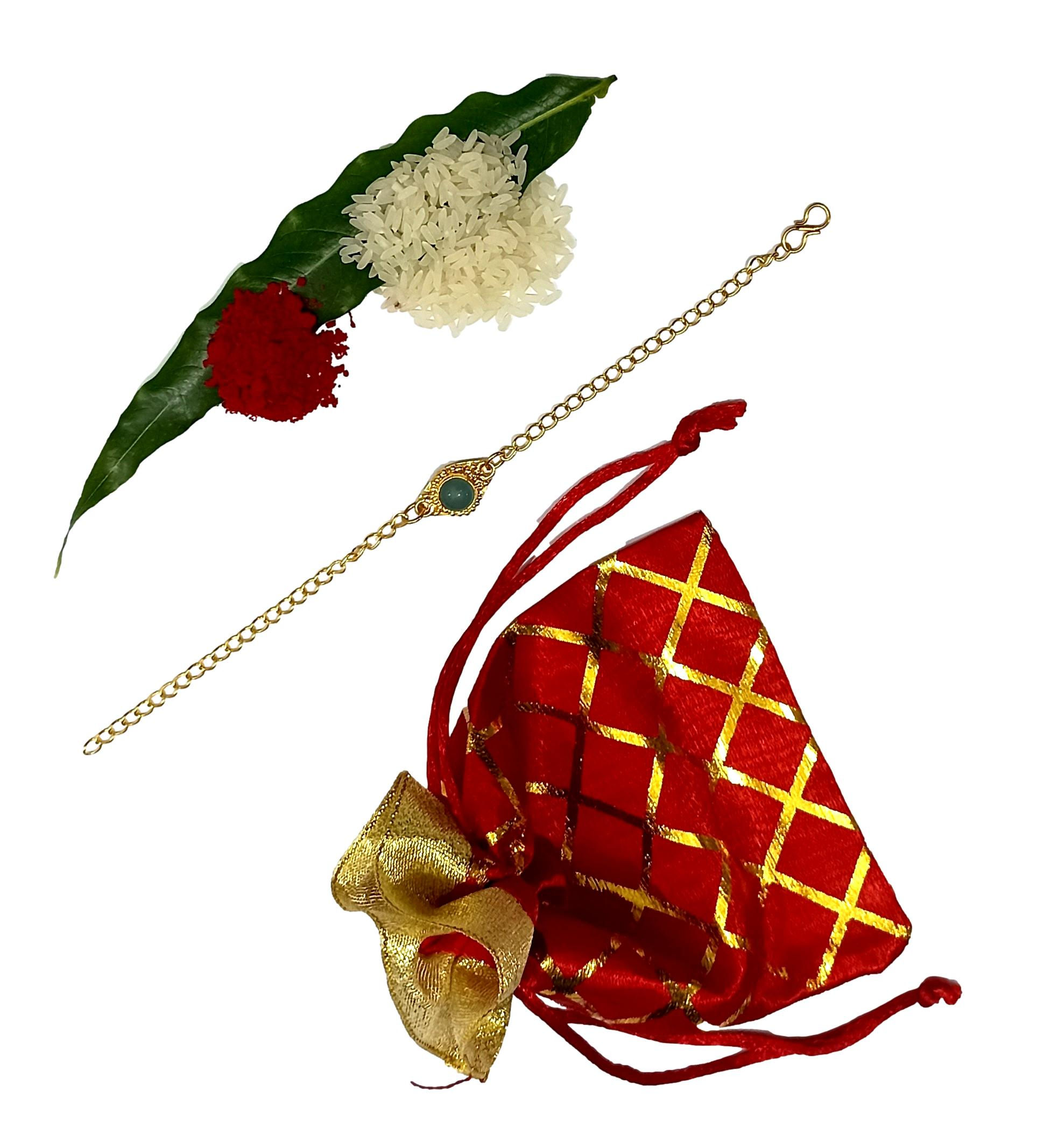 Rakhi For Brothers Golden bracelet with Roli, Rice and Gifting Pouch