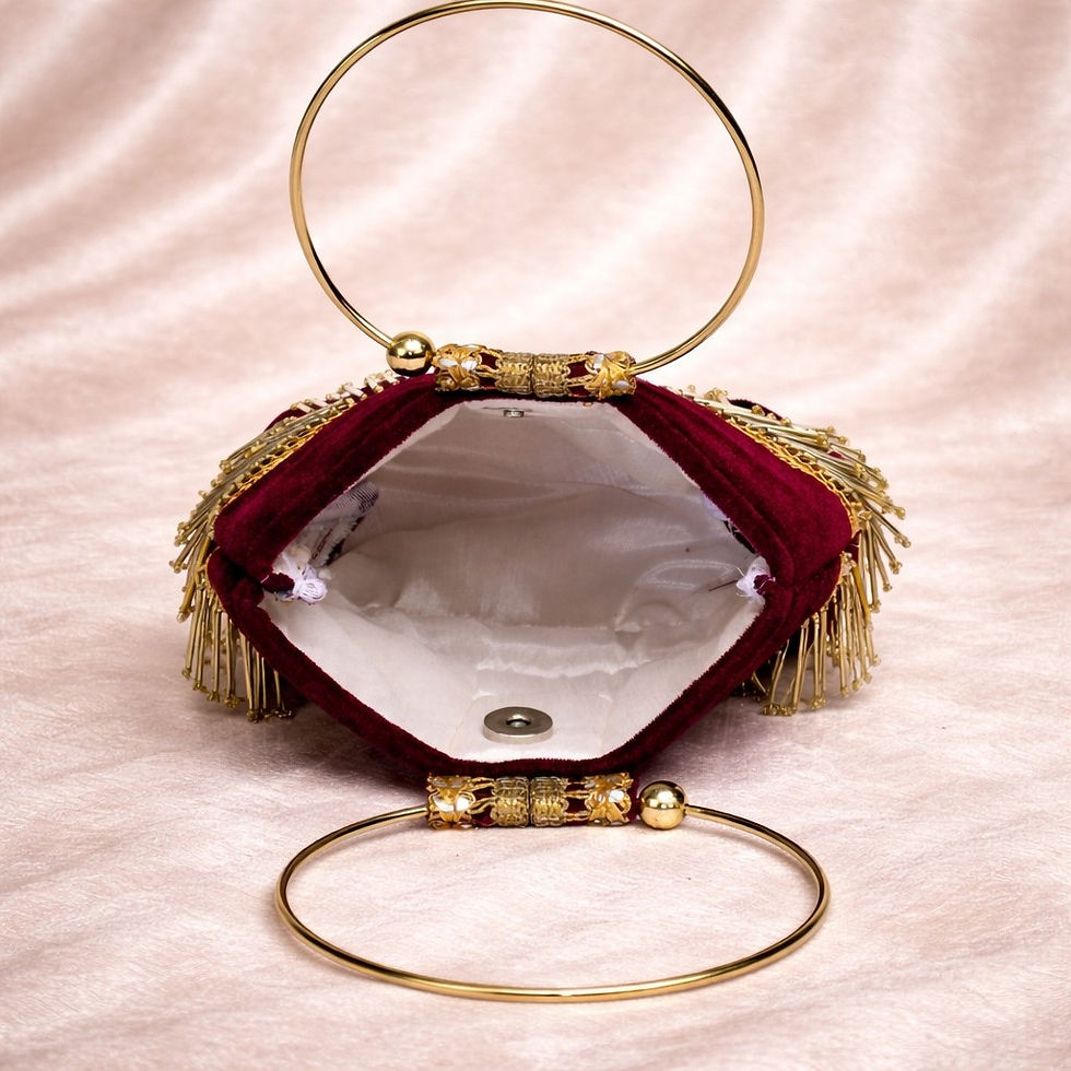 Thumbnail: Athizay Petika Bridal Handbag with Gold Fringe & Velvet Finish, Call: 8860010199