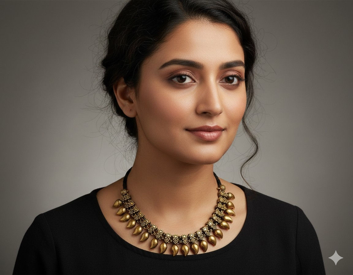 Athizay Antique Gold Abima Choker Necklace with Black Thread Call:8860010199