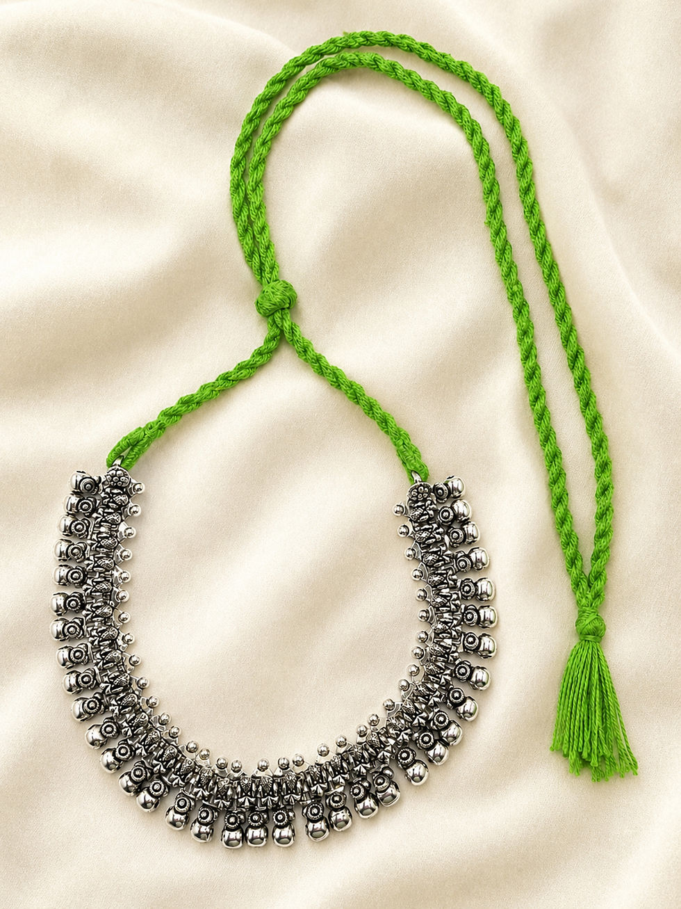 Thumbnail: Athizay Oxidised Silver Tribal Lime Green Thread Necklace