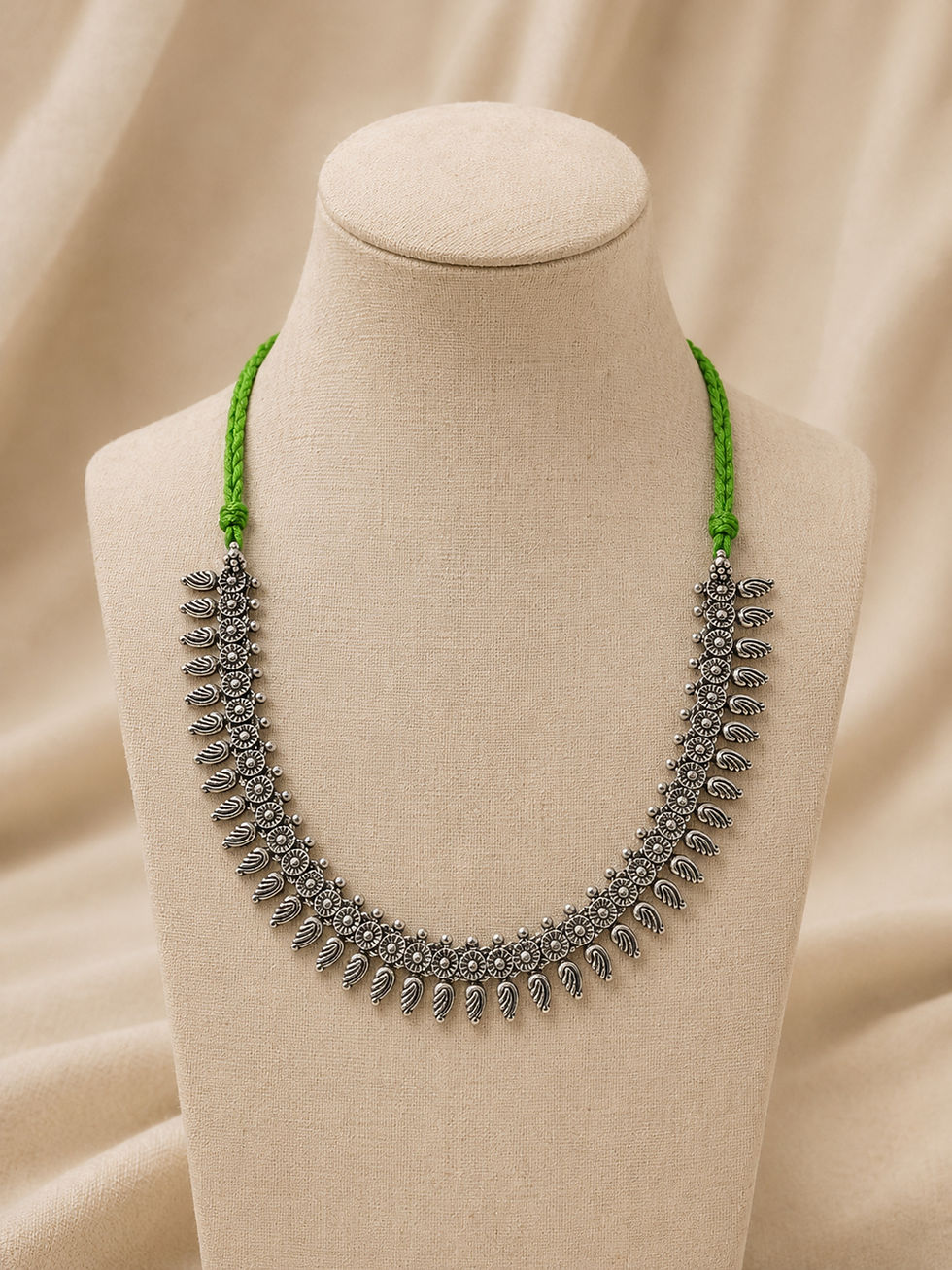 Thumbnail: Athizay Oxidised Boho Tribal Necklace with Lime Green Thread