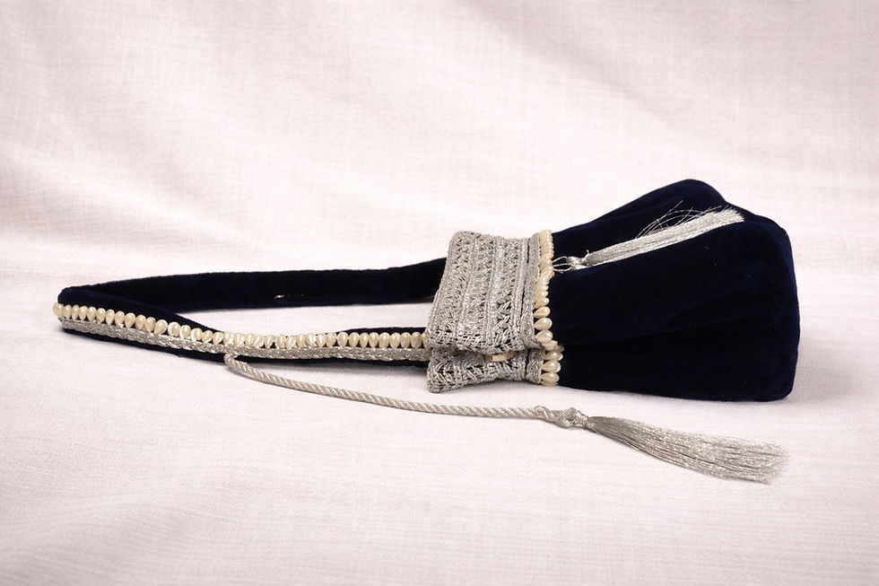 Thumbnail: Athizay Kosh Bridal Potli Bag Blue Velvet with Pearl & Tassels, Call: 8860010199