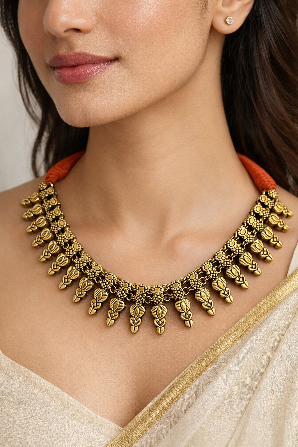 Athizay Antique Gold Oxidised Floral Petal Dangler OrangeNecklaceCall:8860010199