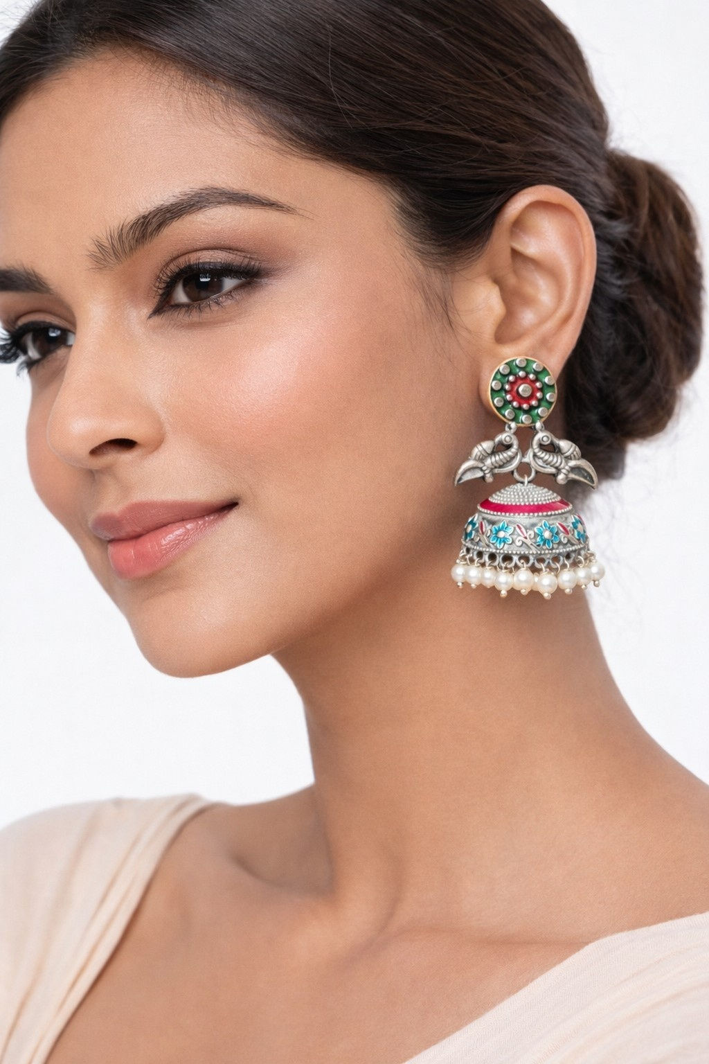 Athizay Vintage Meenakari Dome Oxidised Jhumka Earrings Pearl, Call: 8860010199