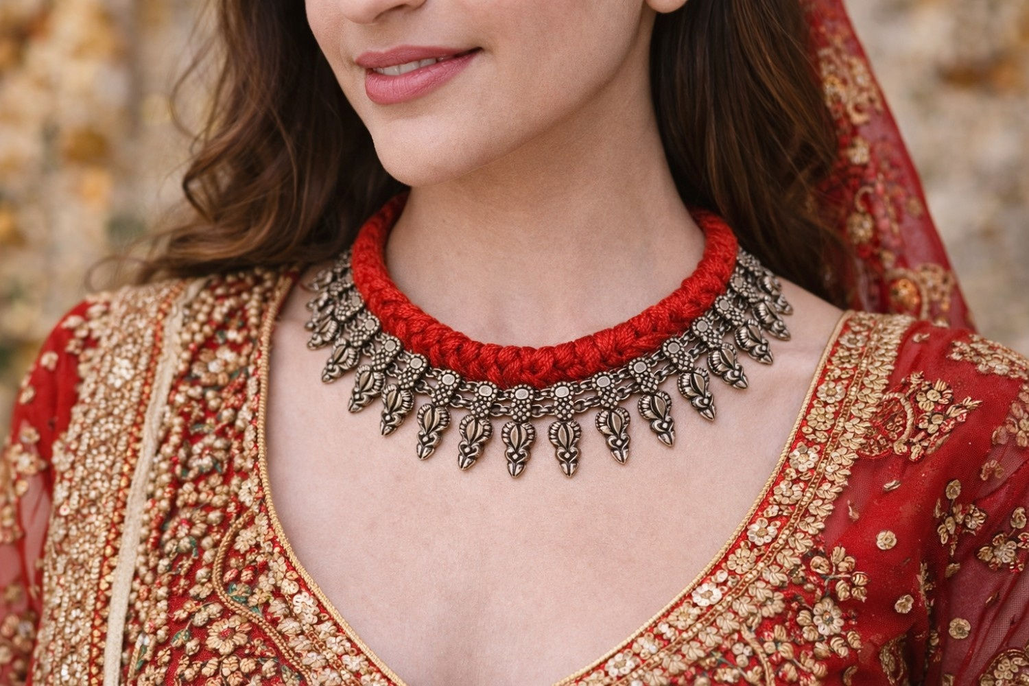 athizay Red Thread Choker Necklace Oxidised Silver Boho Call:8860010199