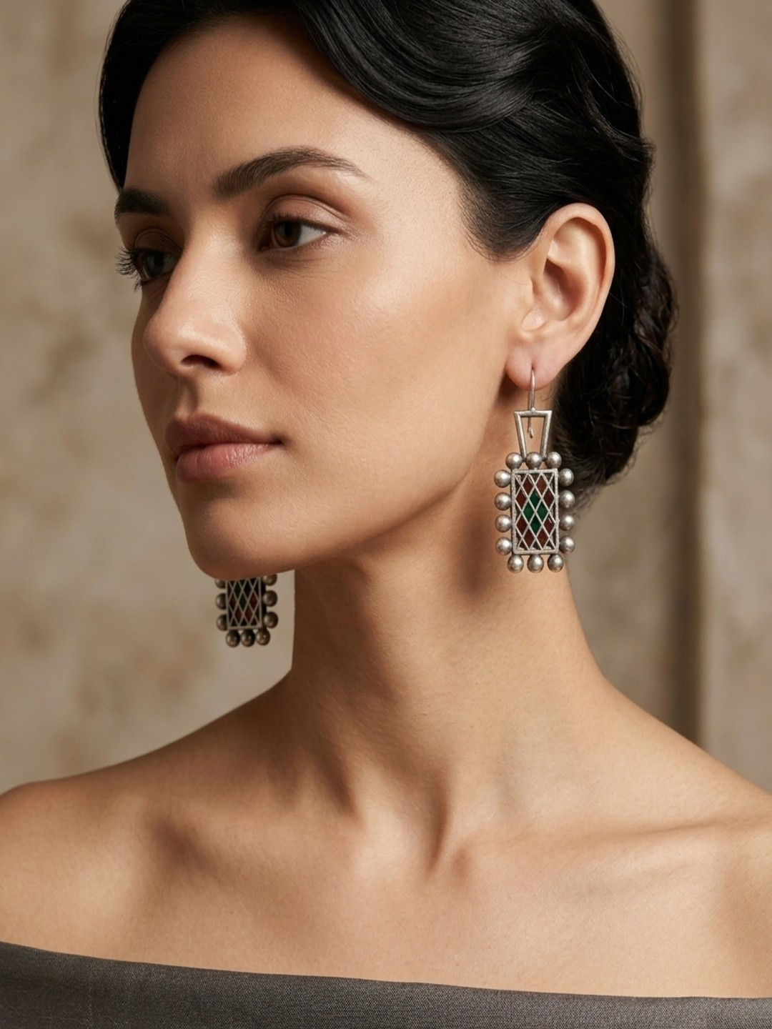 Athizay Oxidized Silver Geometric Meenakari Drop Earrings