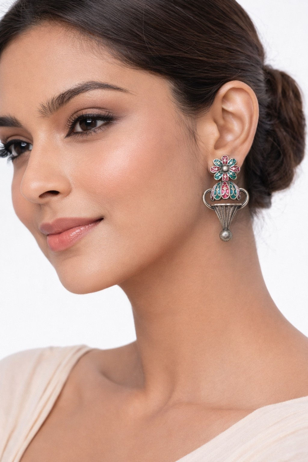 Athizay Vintage Meenakari Floral Dome Earrings Pink Statement, Call: 8860010199