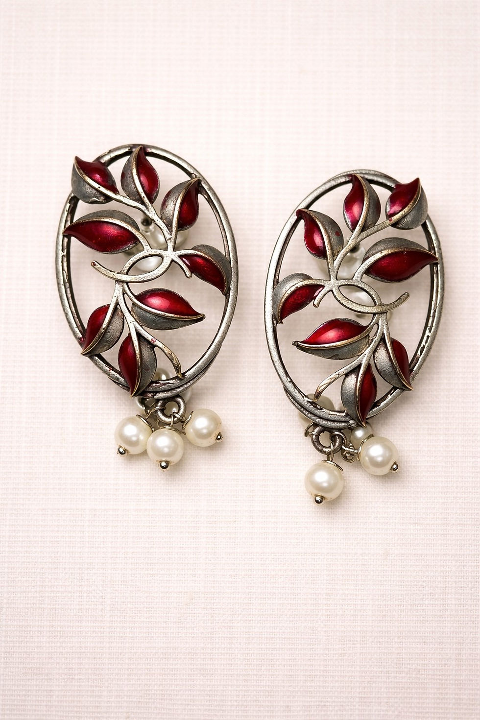 Thumbnail: Athizay Vintage Meenakari Oval Leaf Motif Earrings Oxidised Drop,Call:8860010199
