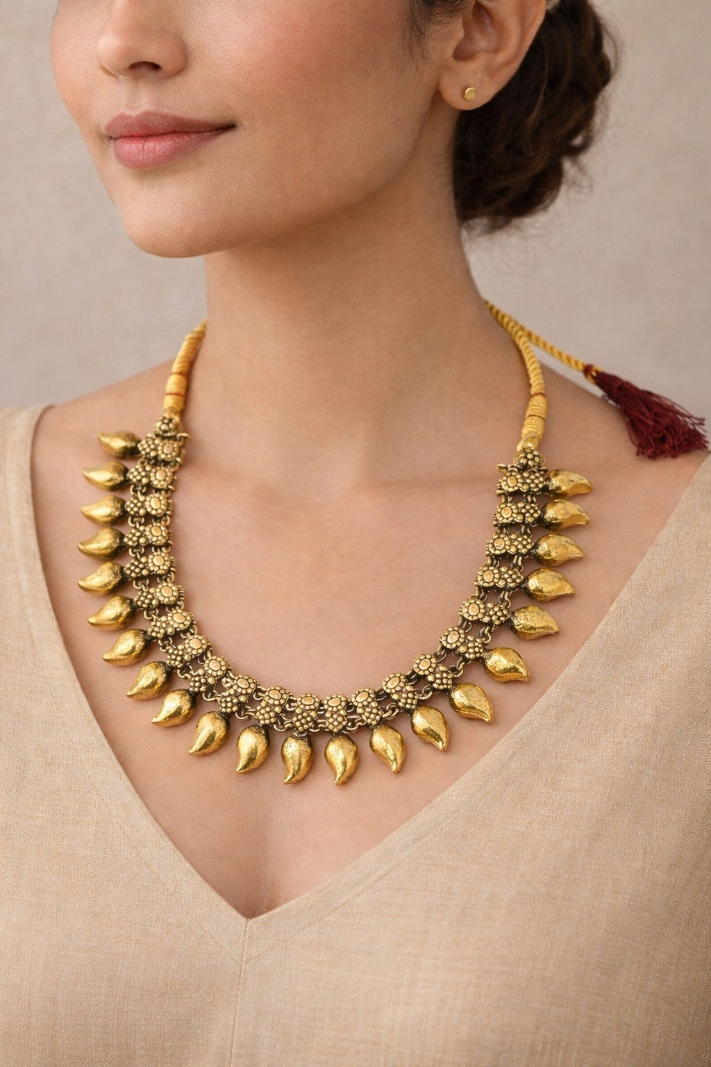 athizay Antique Gold Ambia Choker Necklace with Yellow Thread Call:8860010199