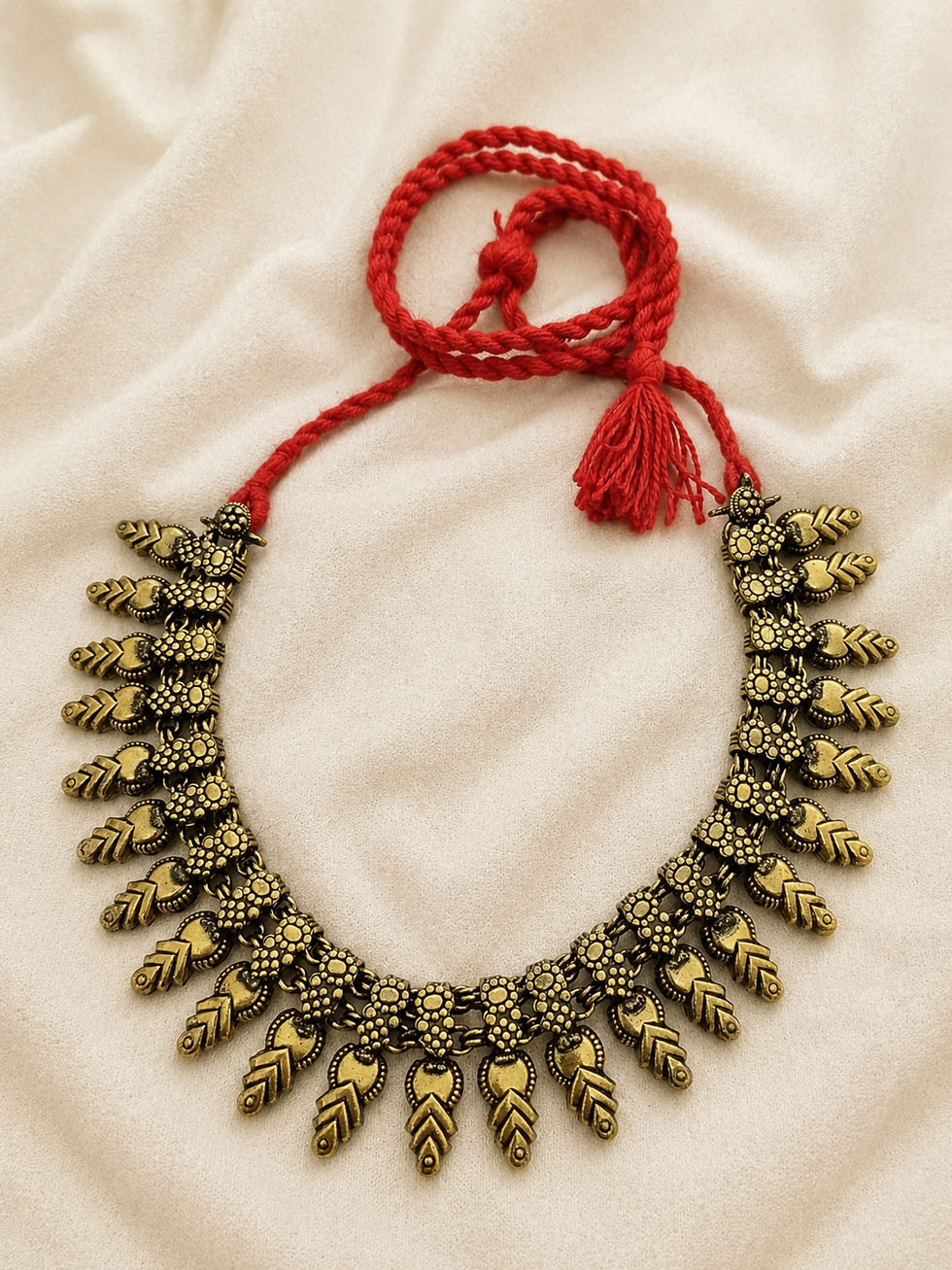 Thumbnail: Athizay Oxidised Golden Leaf Statement Red Thread Necklace