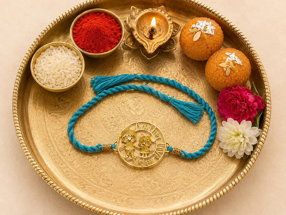 Thumbnail: Athizay Brother Sister Gold-Toned Rakhi with Sky Blue Braided Thread