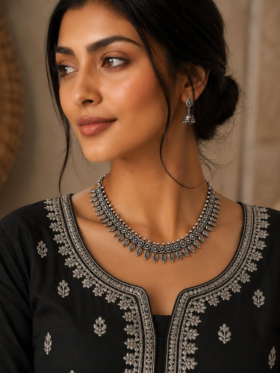 Athizay oxidised silver necklace with intricate floral motifs and elegant teardrop detailing, displayed on a woman.