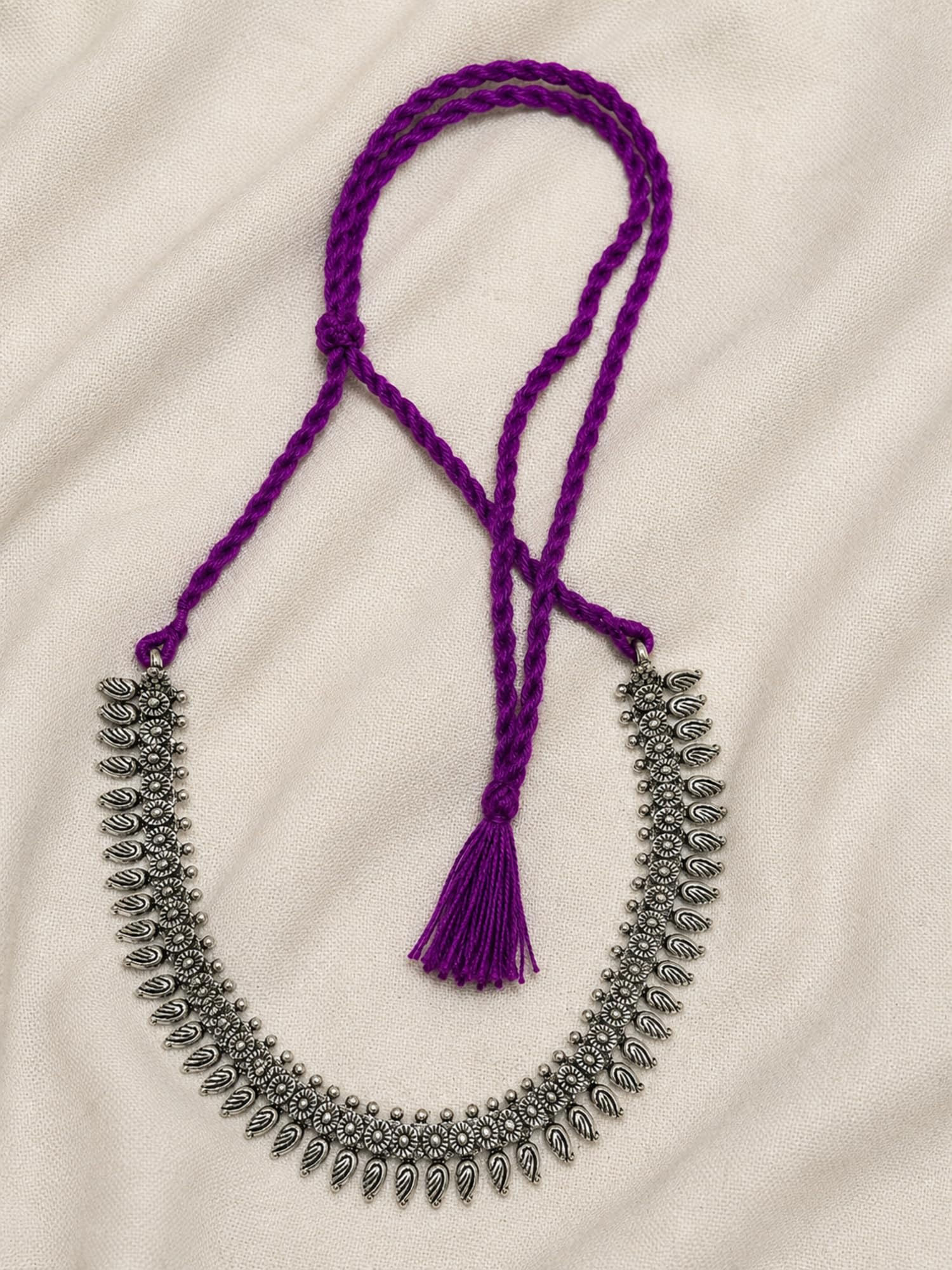 Athizay Oxidised Leaf Textured Silver Necklace With Purple Thread