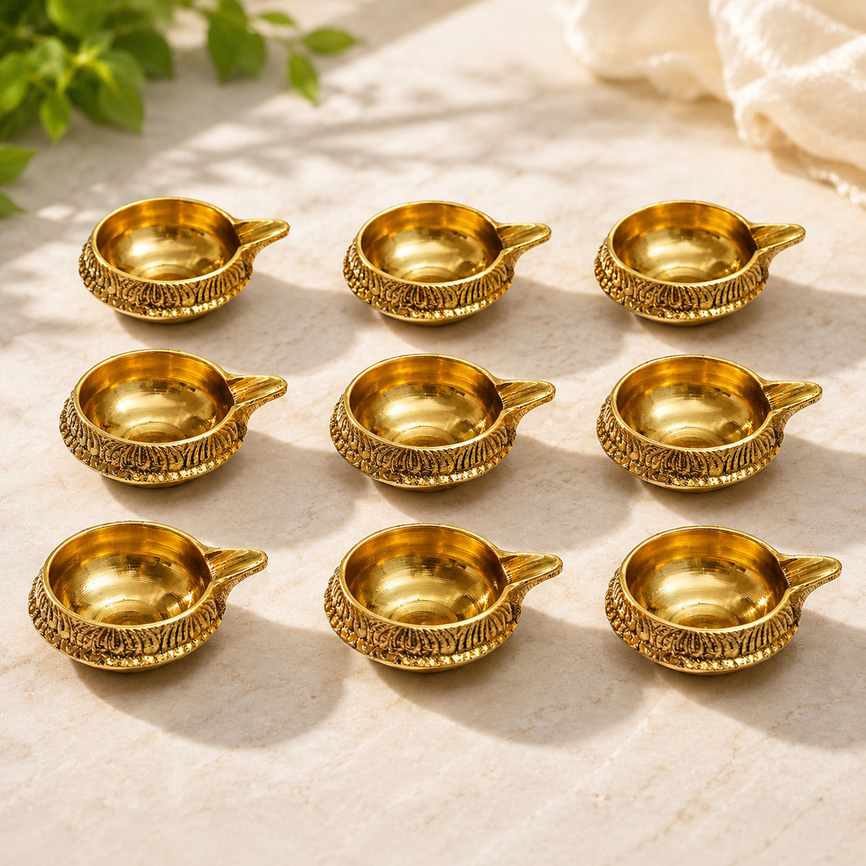 Athizay® 9 Piece Set of Pure Brass Kuber Deepak Diya for Temple