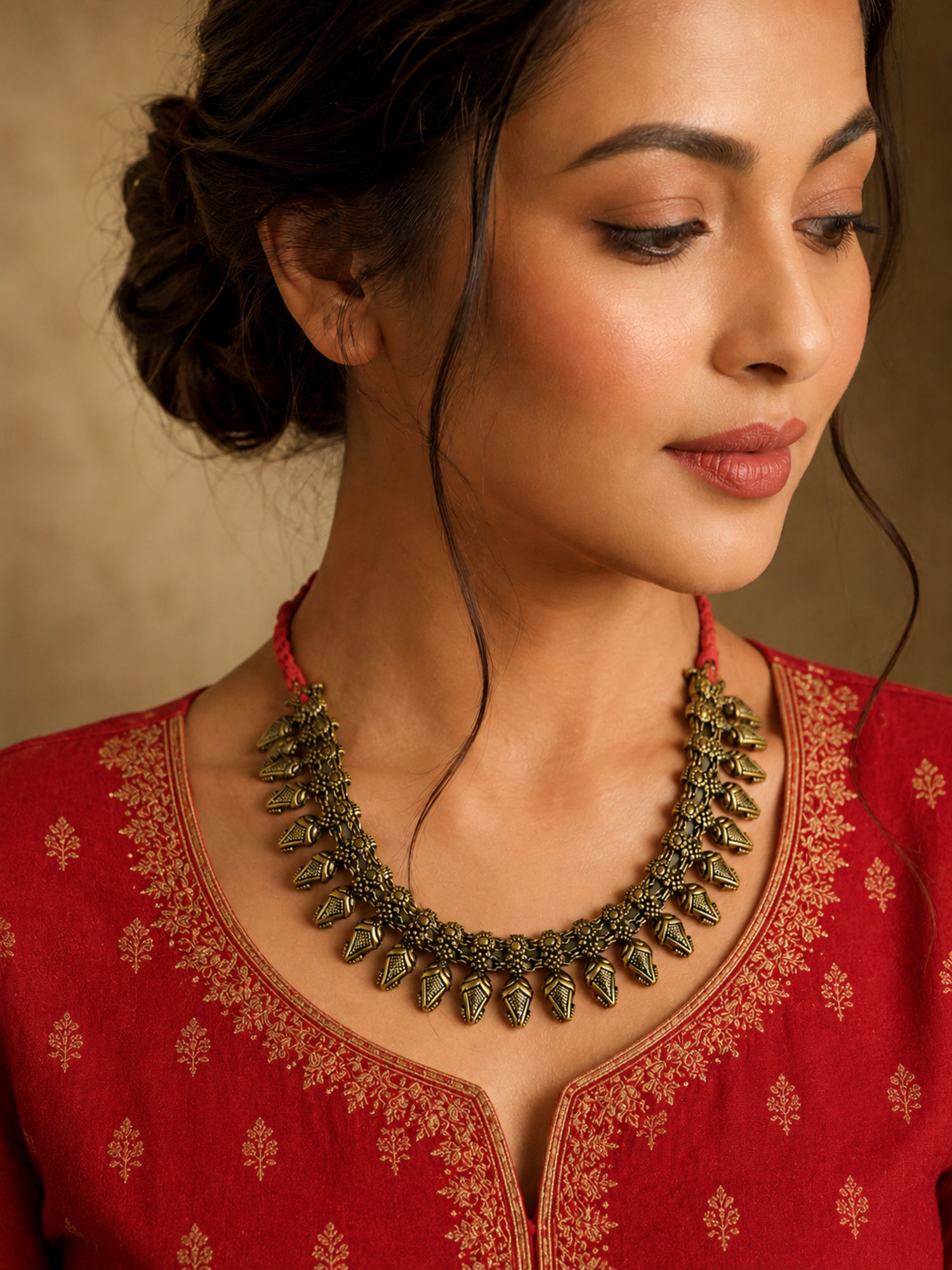 Athizay Oxidised Golden Tribal Statement Red Thread Necklace