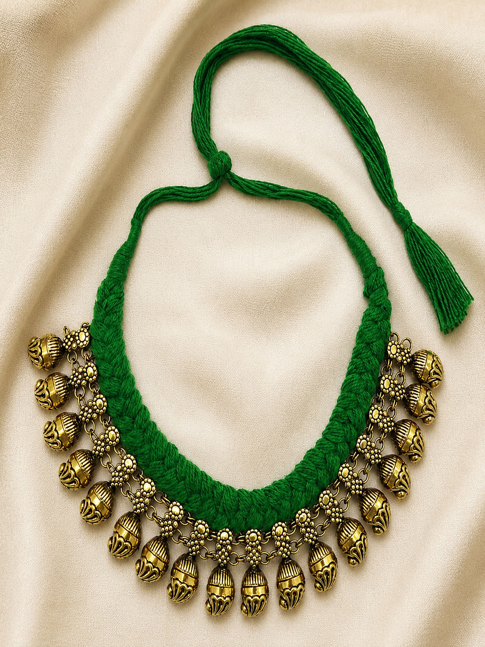 Thumbnail: Athizay Golden Oxidised Handcrafted Green Thread Charms Necklace