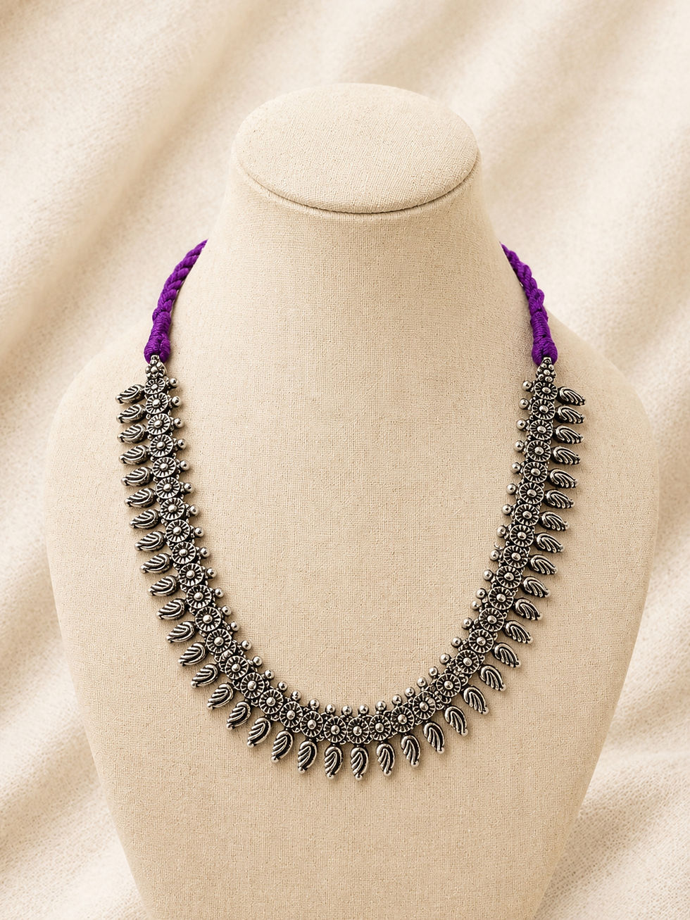 Thumbnail: Athizay Oxidised Boho Tribal Necklace with Purple Thread