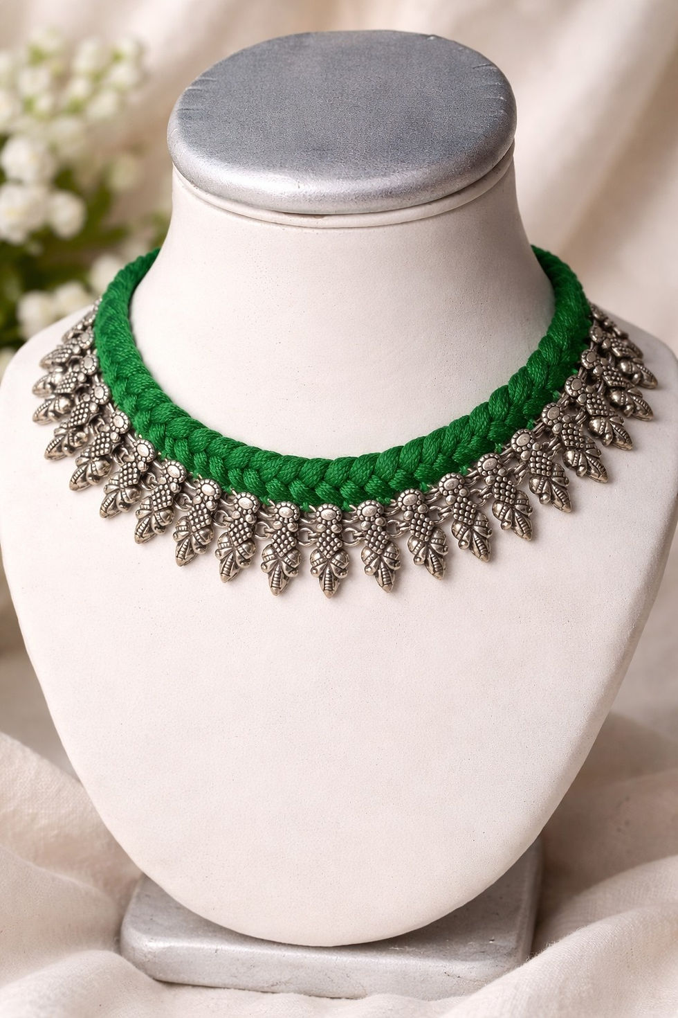 Thumbnail: athizay Green Thread Choker Necklace Oxidised Silver Plated Boho Call:8860010199