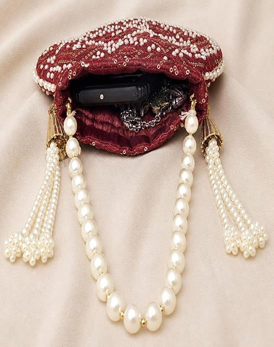Thumbnail: Athizay Maroon Embellished Potli Bag with Pearl Handle & Tassels