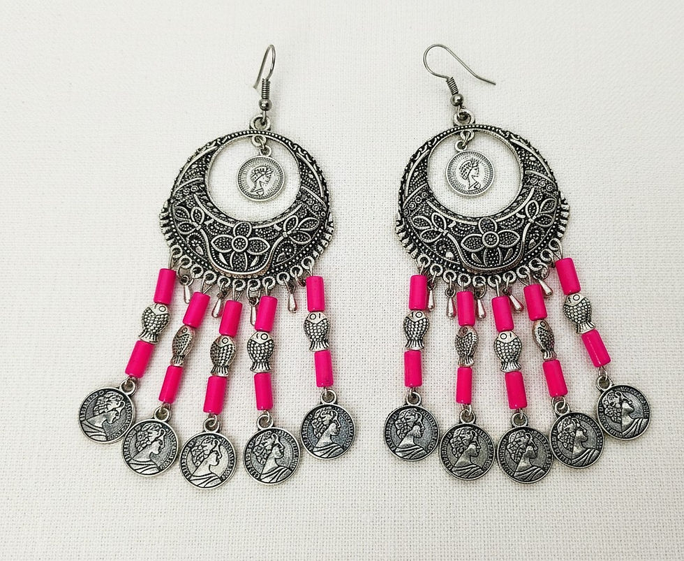 Thumbnail: Athizay Oxidised Silver-Toned Boho Tribal Hoop Earrings with Pink Beads & Coin