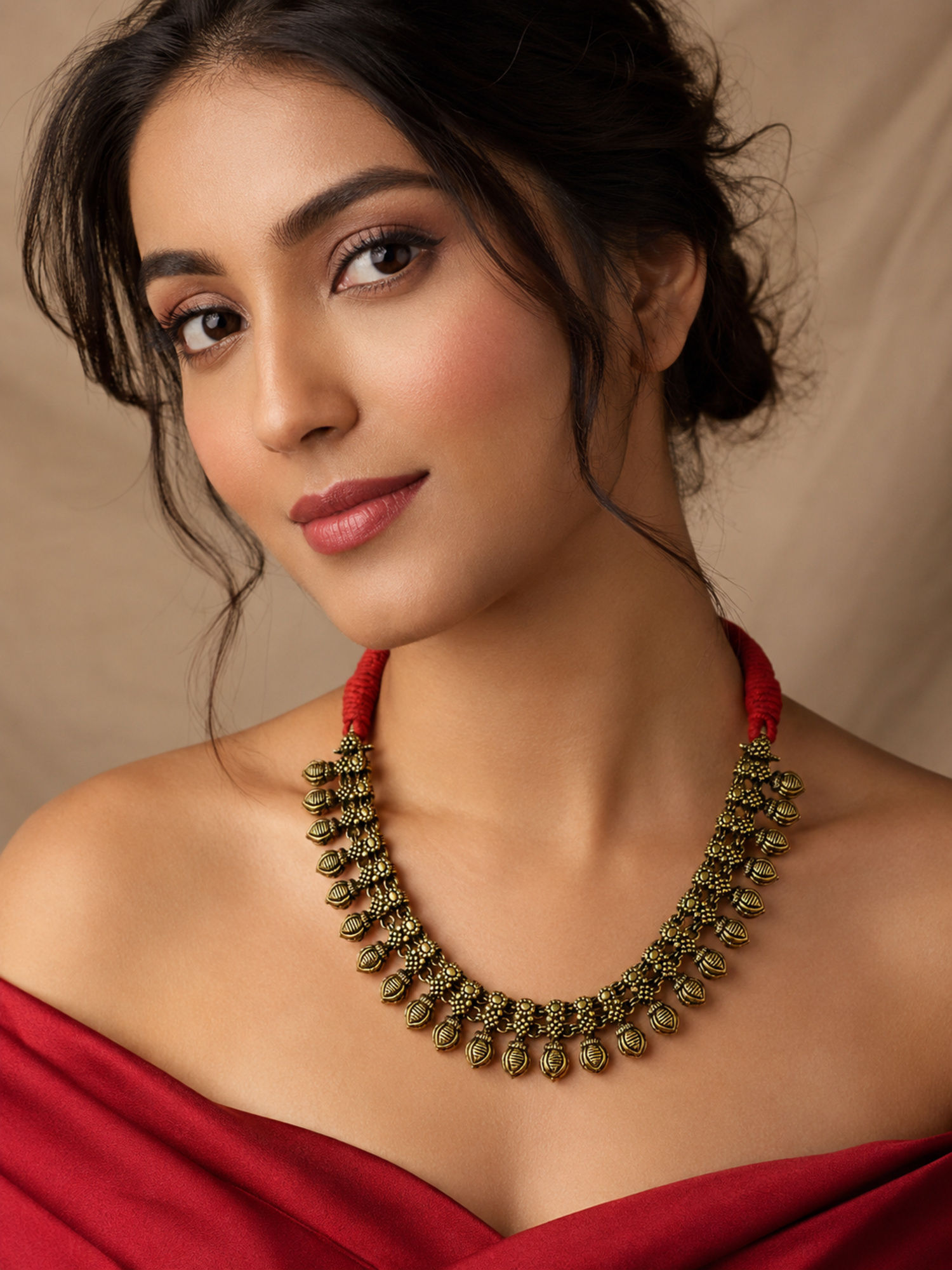 Athizay Oxidised Golden Tribal Necklace with Red Adjustable Thread for Women