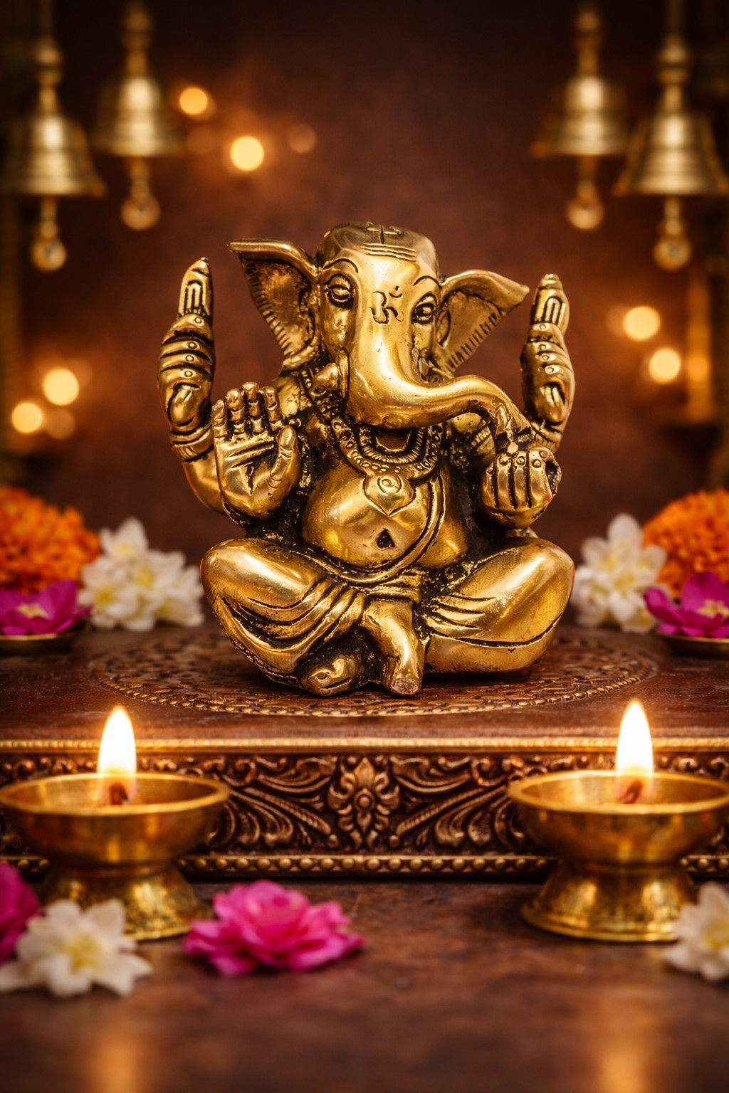 Brass Ganesha Idol Padmasana Style Antique Gold | Pooja Decor & Festive Gifting