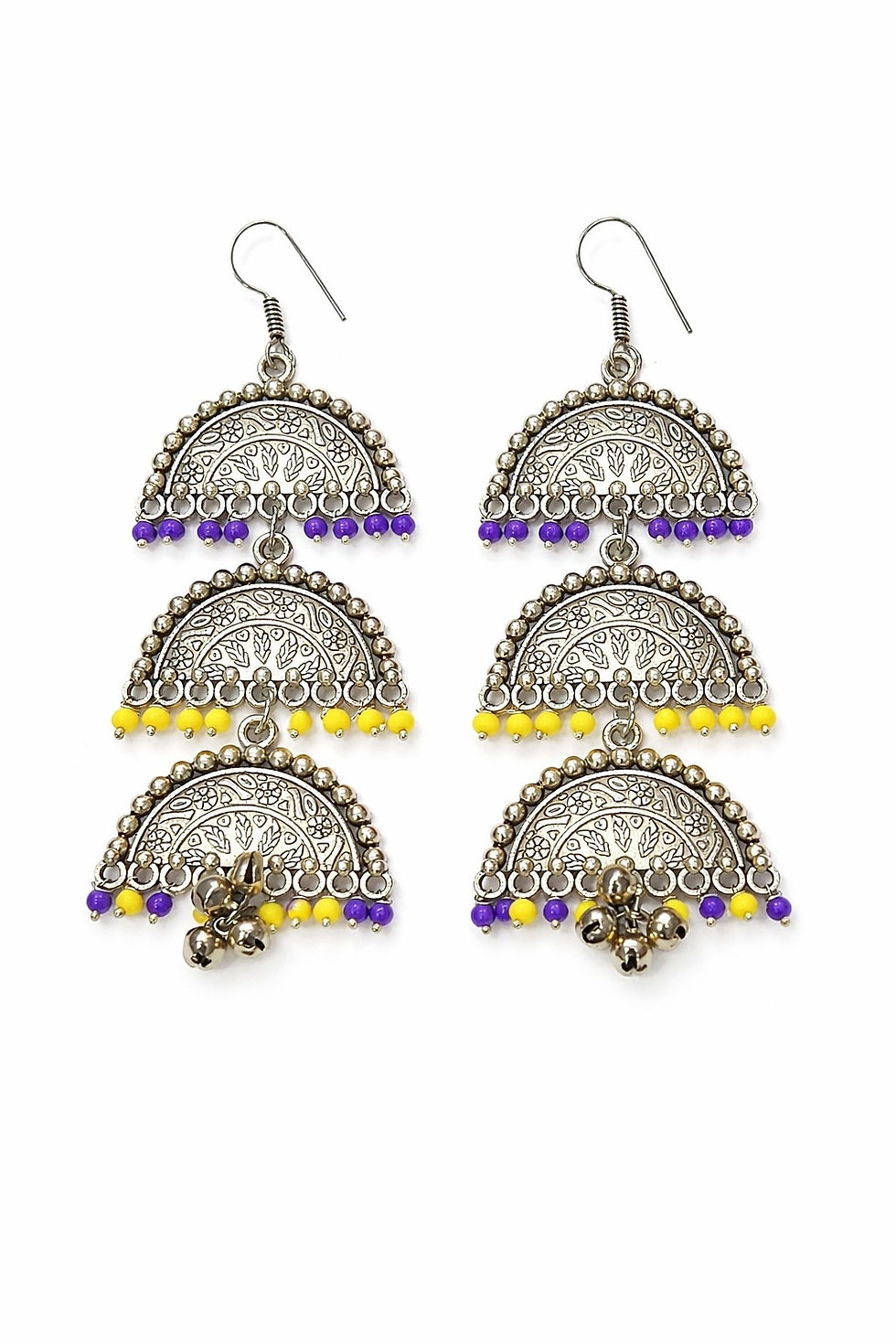 Thumbnail: Women Oxidised Silver-Toned Multi Layered Ethnic Drop Earrings with Beads & Ghun