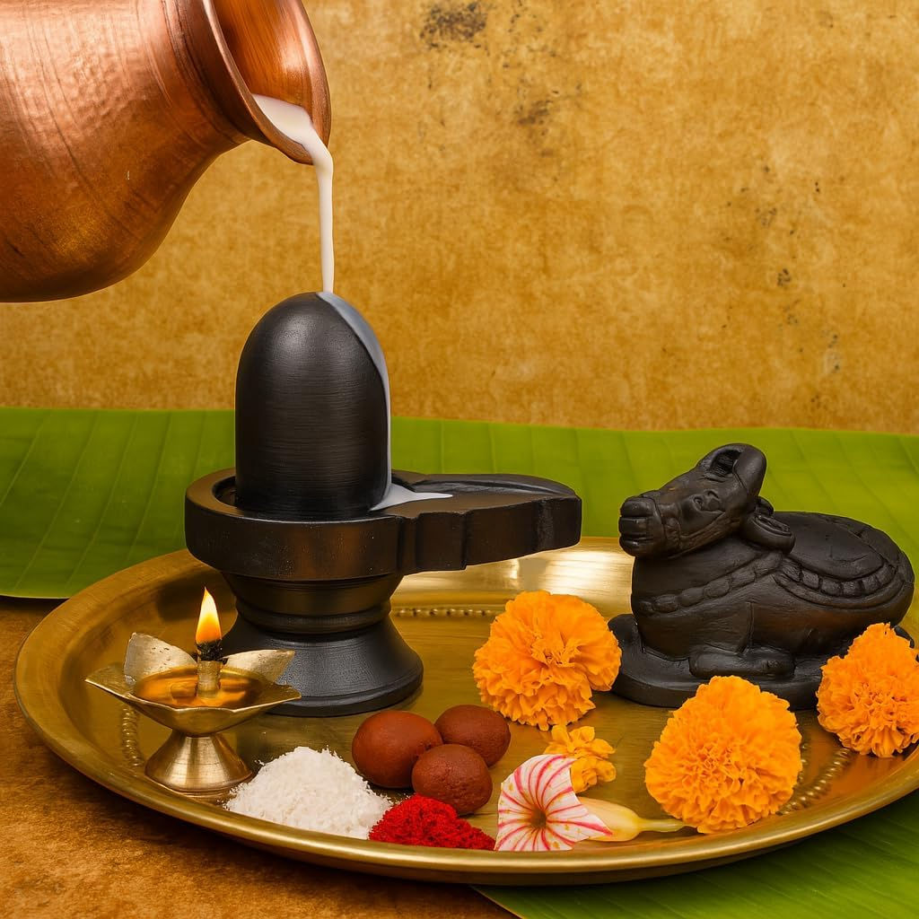 Athizay Black Stone Shivling with Nandi Idol Set (13cm)