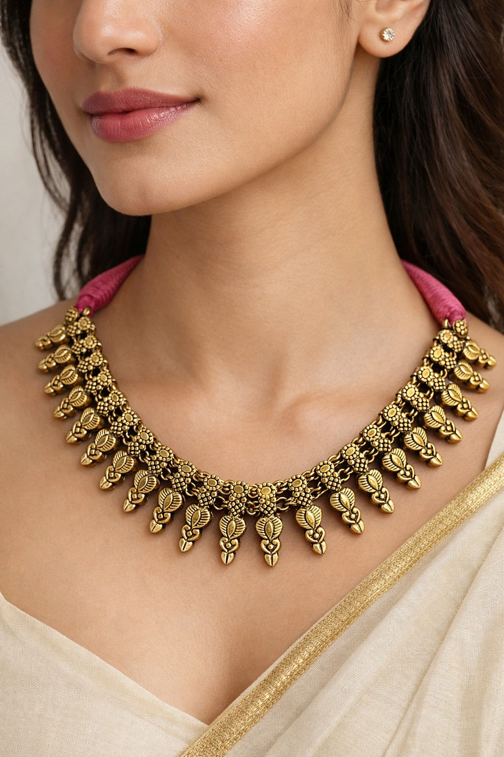 athizay Antique Gold Oxidised Floral petal Dangler Pink Necklace Call:8860010199