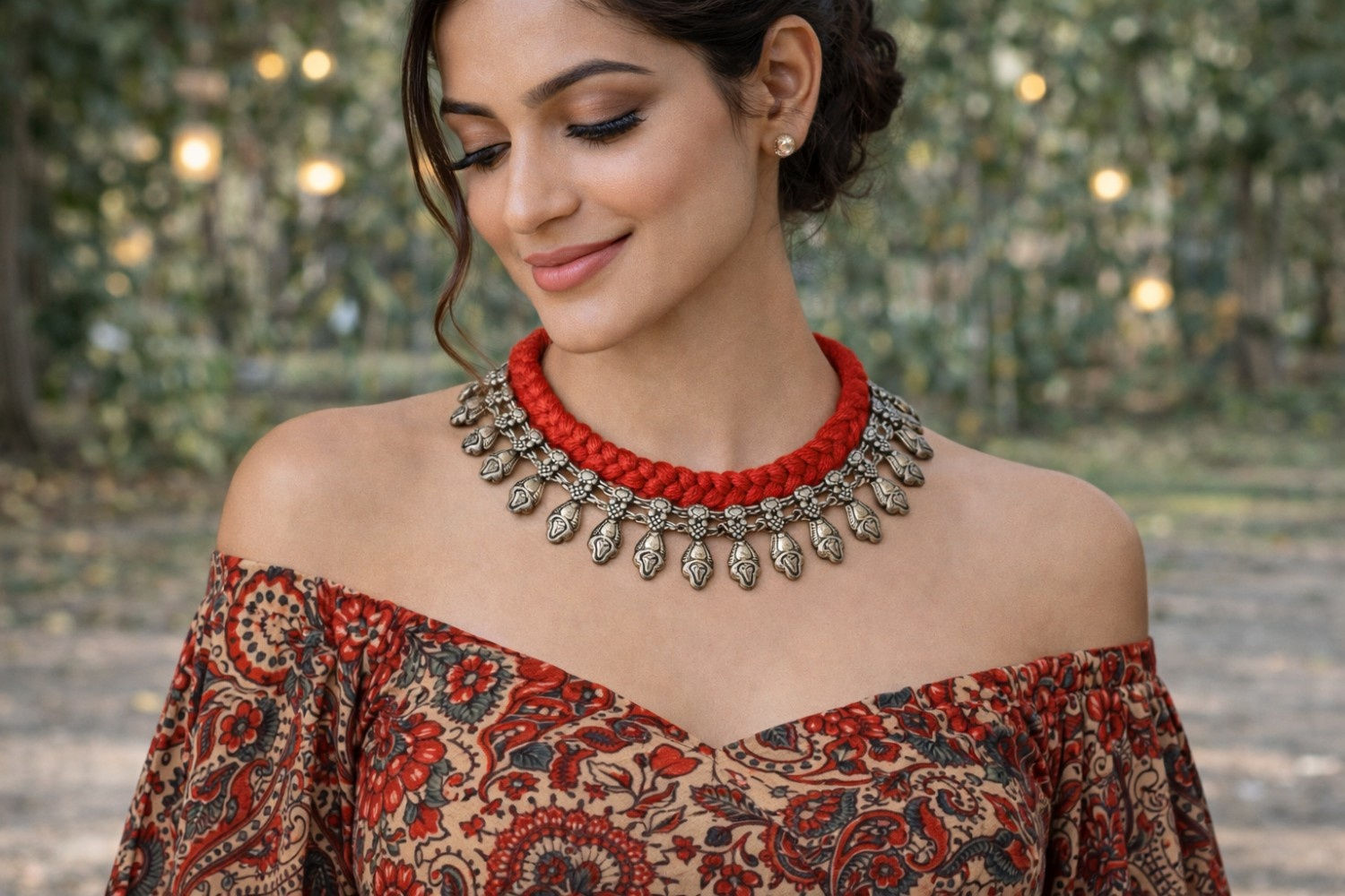 athizay Red Thread Choker Necklace Oxidised Silver Plated Boho Call:8860010199