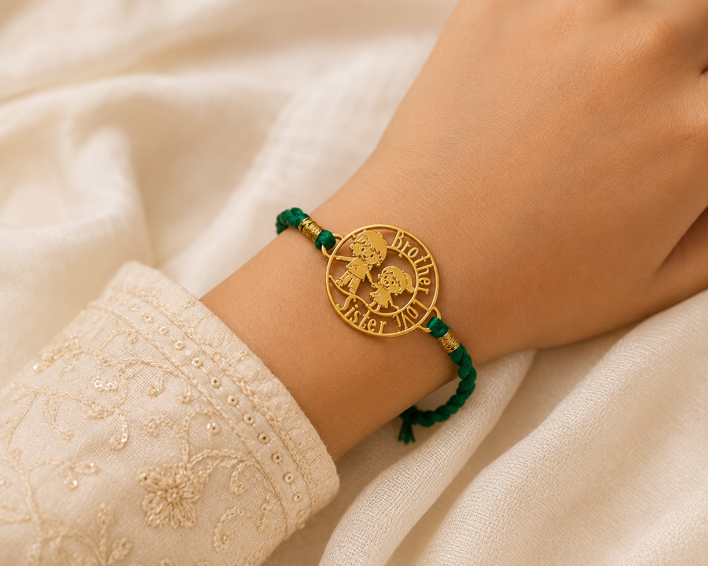 Athizay Brother Sister Gold-Toned Rakhi with Green Braided Thread