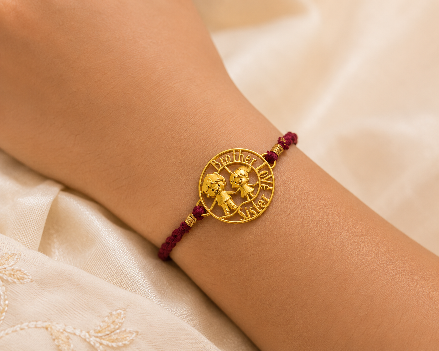 Athizay Brother Sister Gold-Toned Rakhi with Maroon Braided Thread