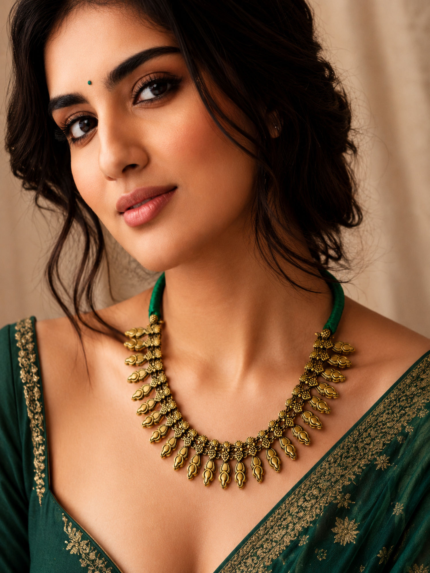 Athizay Oxidised Golden Necklace with Green Adjustable Thread