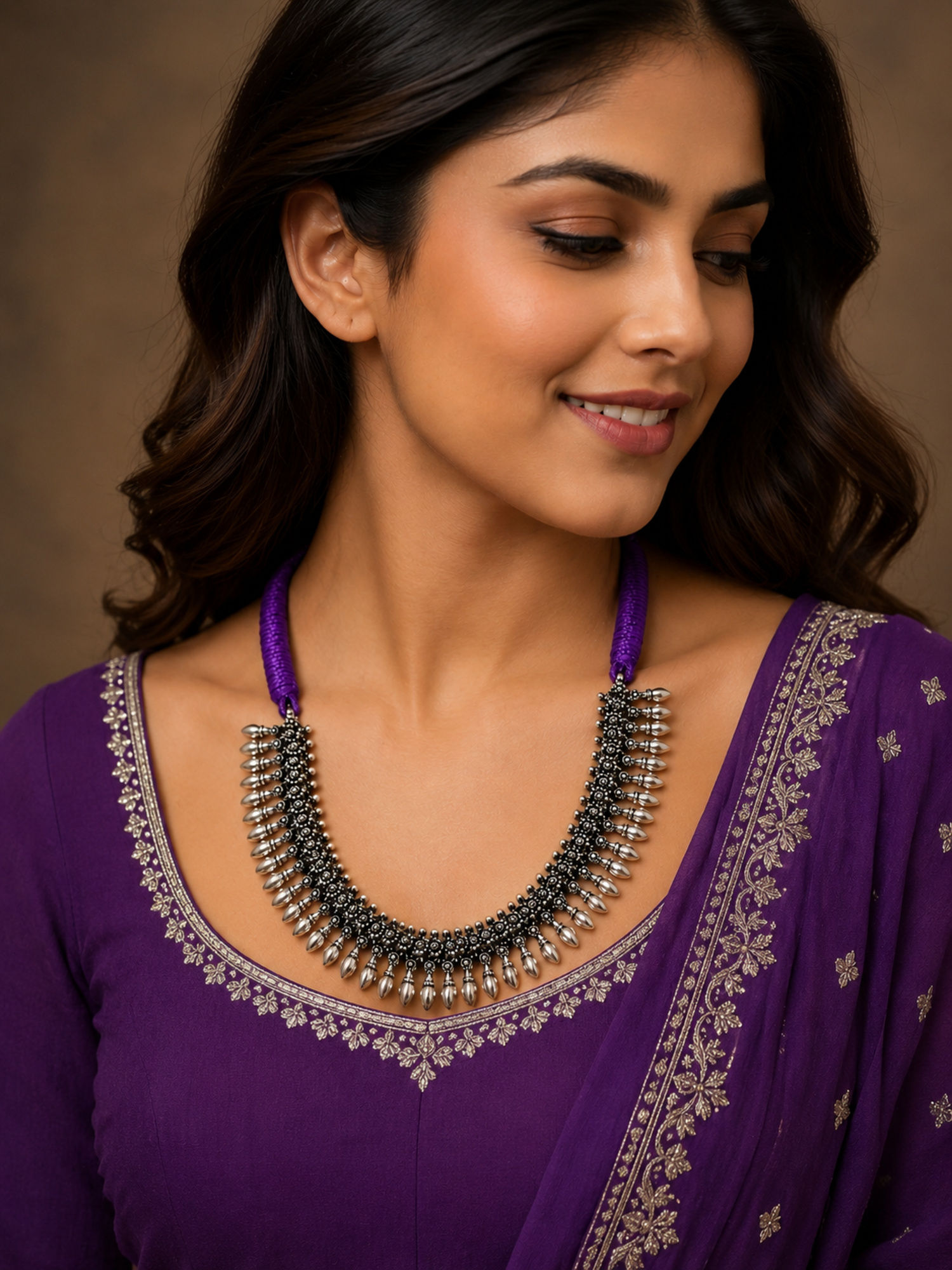 Athizay Purple Thread Oxidised Silver Tribal Fringe Necklace