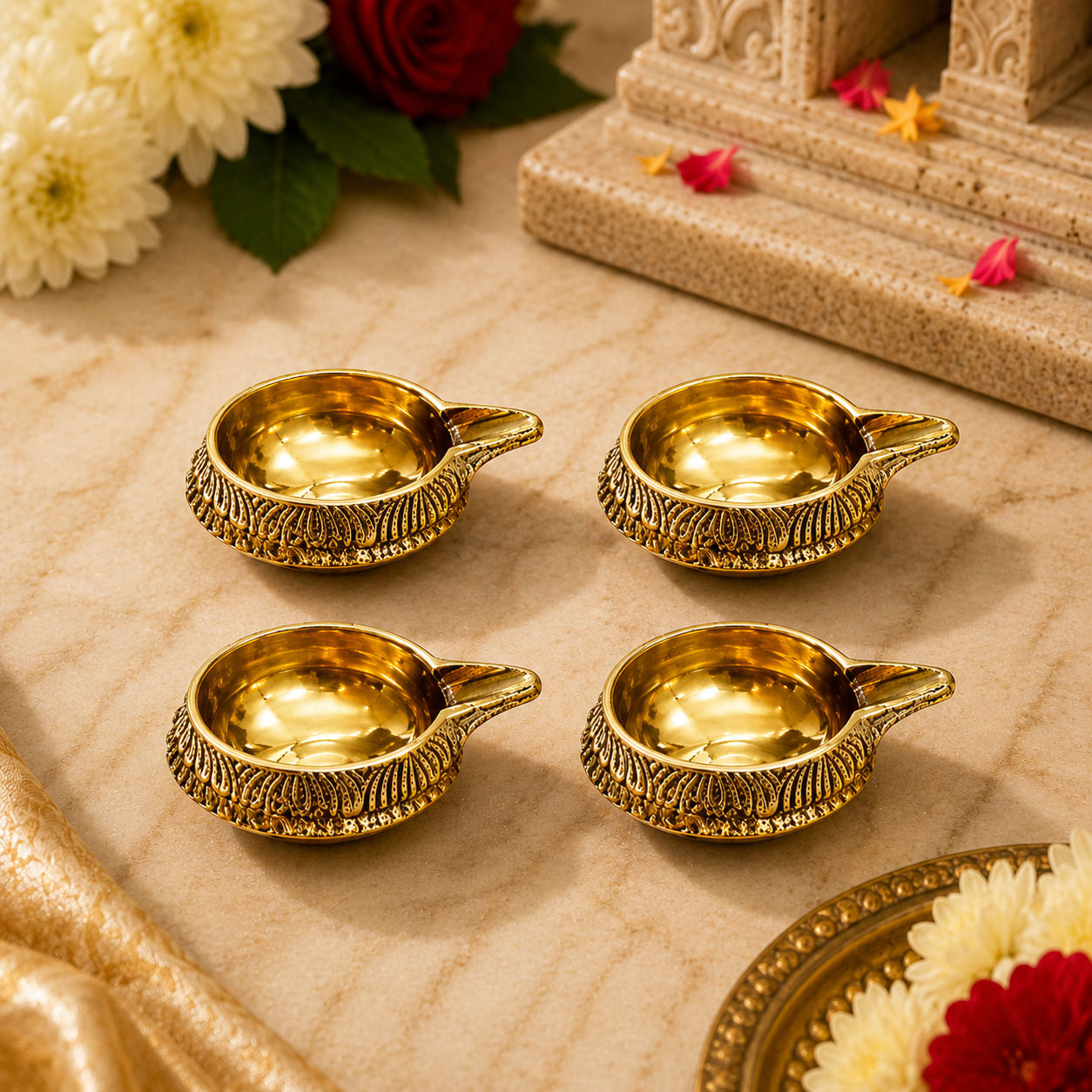 Athizay 4 Piece Set of Pure Brass Kuber Deepak Diya for Temple