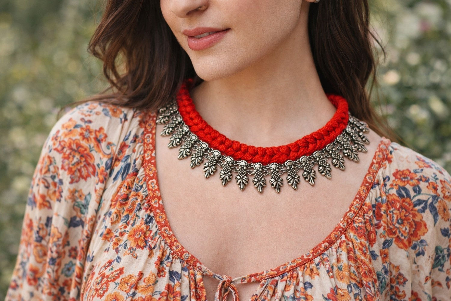 athizay Red Thread Oxidised Silver Brass Necklace Call:8860010199 for Bulk order