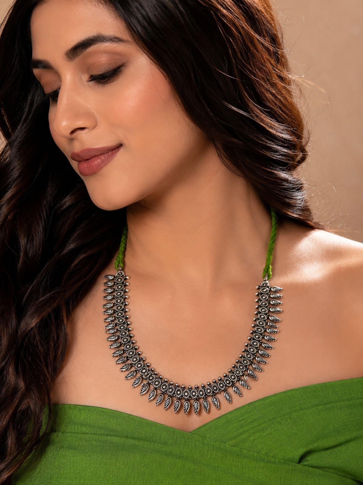 Athizay Oxidised Boho Tribal Necklace with Lime Green Thread
