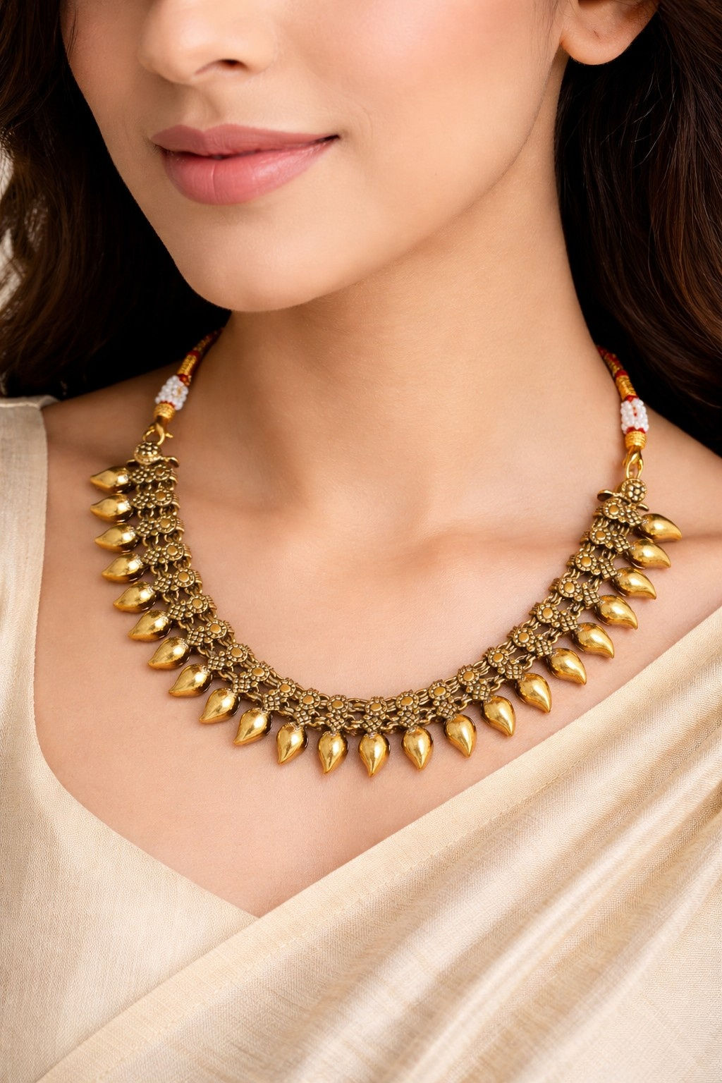 athizay Antique Gold Finish Ambia Choker Necklace with Red Thread Cord