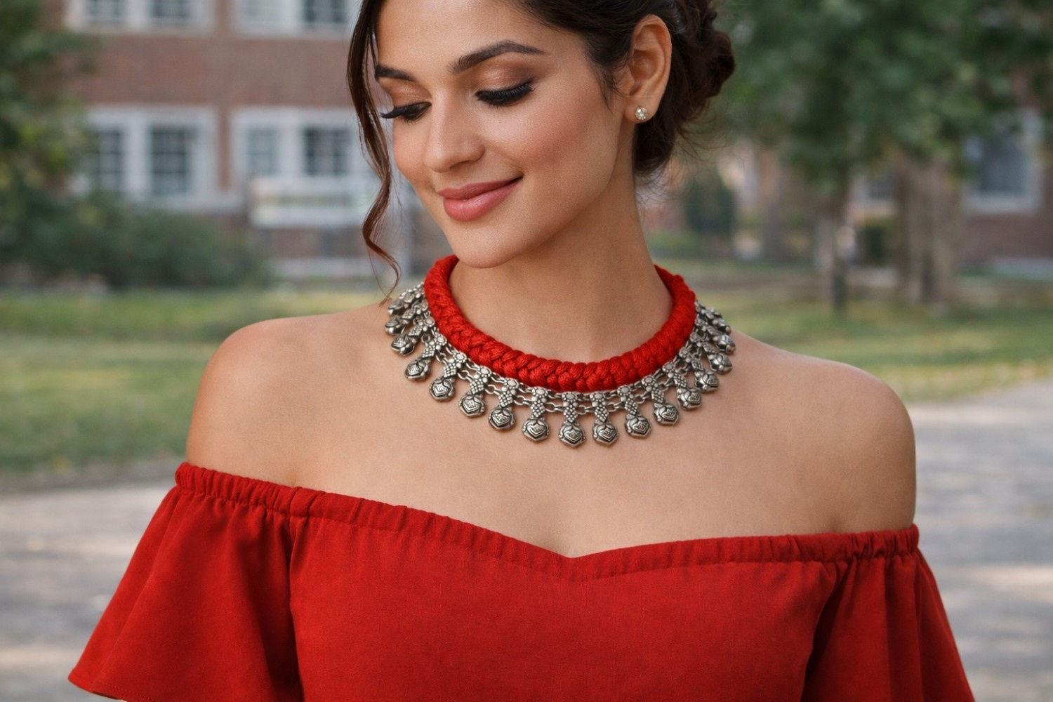 athizay Red Thread Choker Necklace Oxidised Silver Plated Boho Call:8860010199